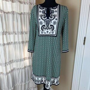 Max Studio Long Sleeve Dress Green Navy Pattern Size M
